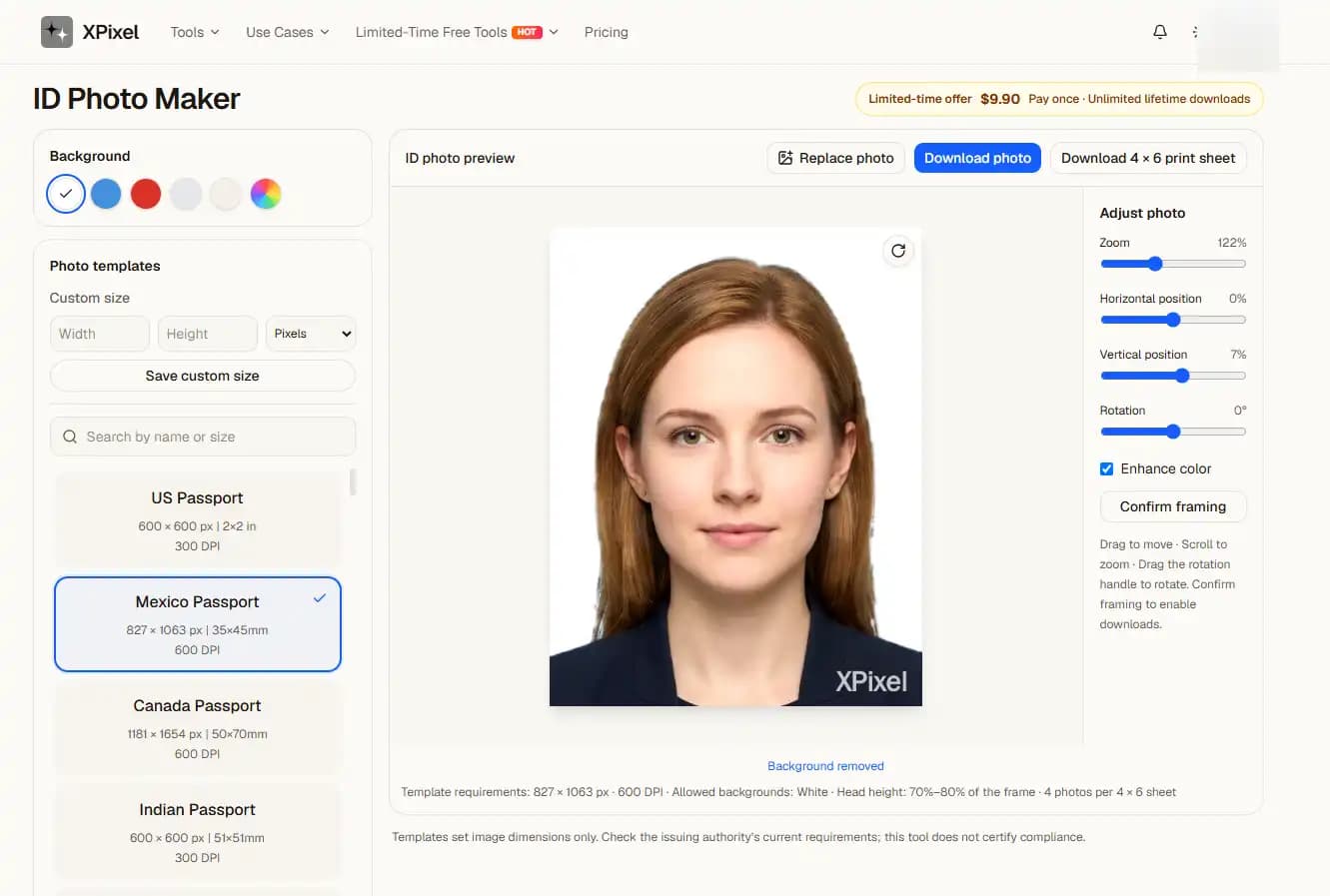 ID photo workspace showing photo templates, background options and a portrait preview.