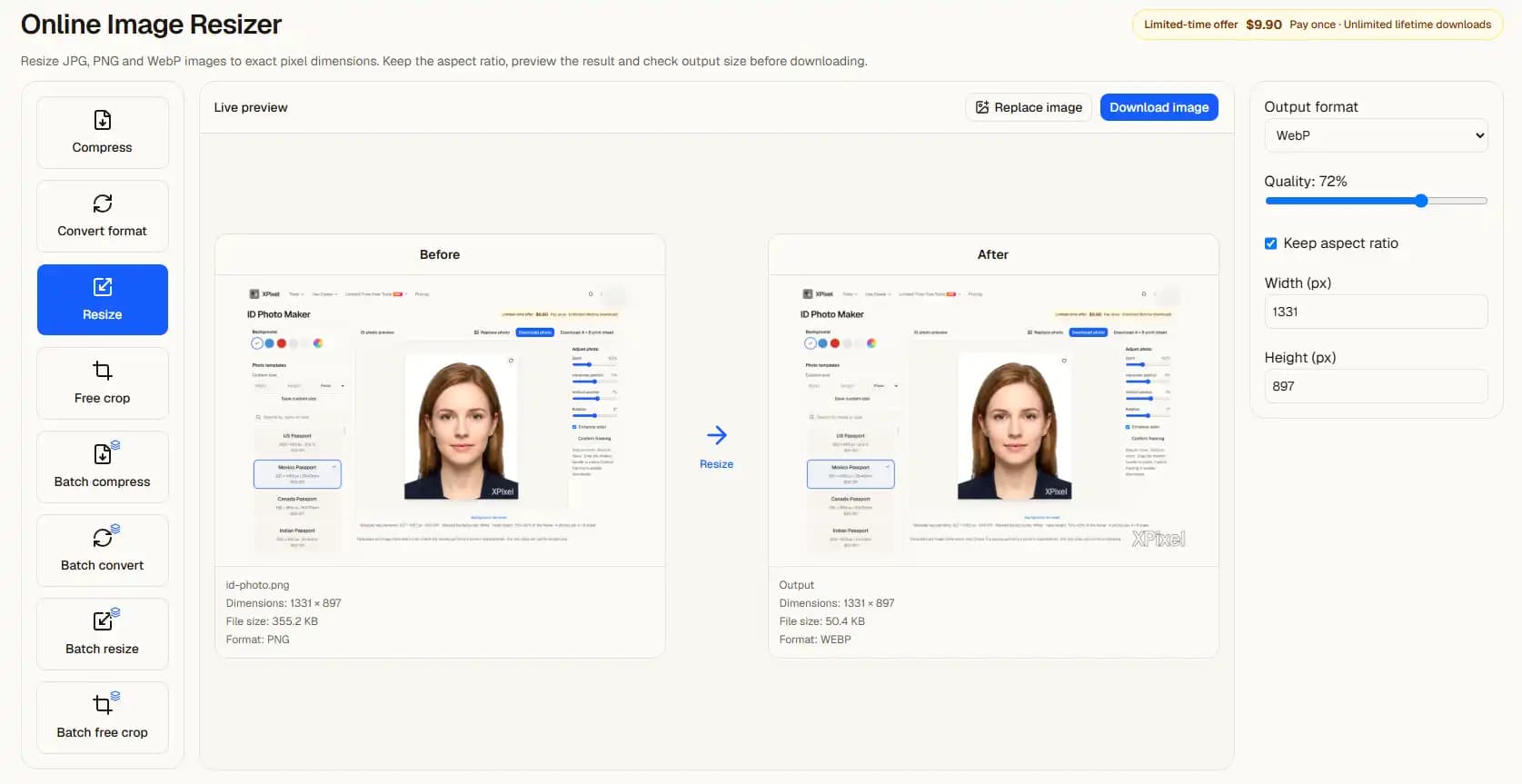 Image editing toolbox showing the resize interface and before-and-after previews.