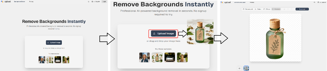 Four-step workflow for removing product background with XPixel AI tool